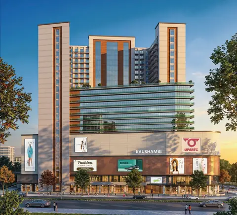 Omaxe Kaushambi building exterior — office floors visible above retail podium
