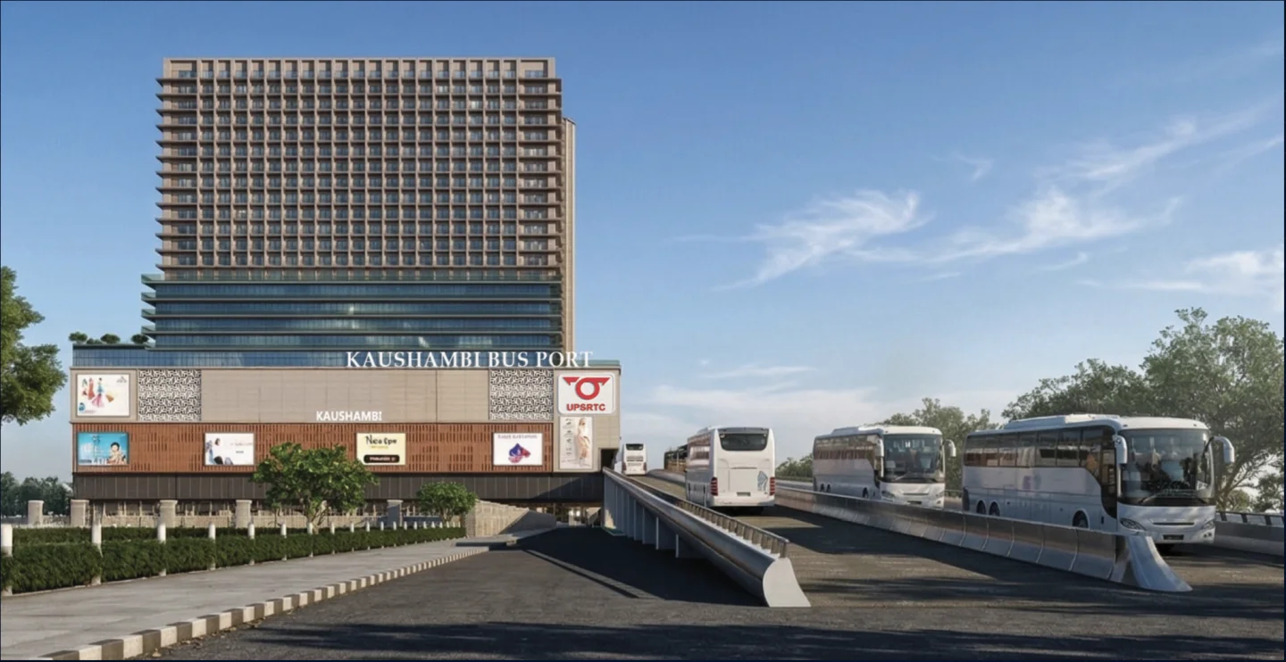 Kaushambi Bus Port — aerial view of UPSRTC bus terminal with multiple bays and the BeTogether commercial tower