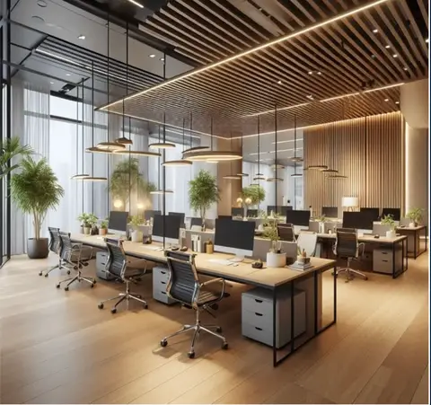 Open-plan office workspace — warm natural tones, ergonomic desks and greenery